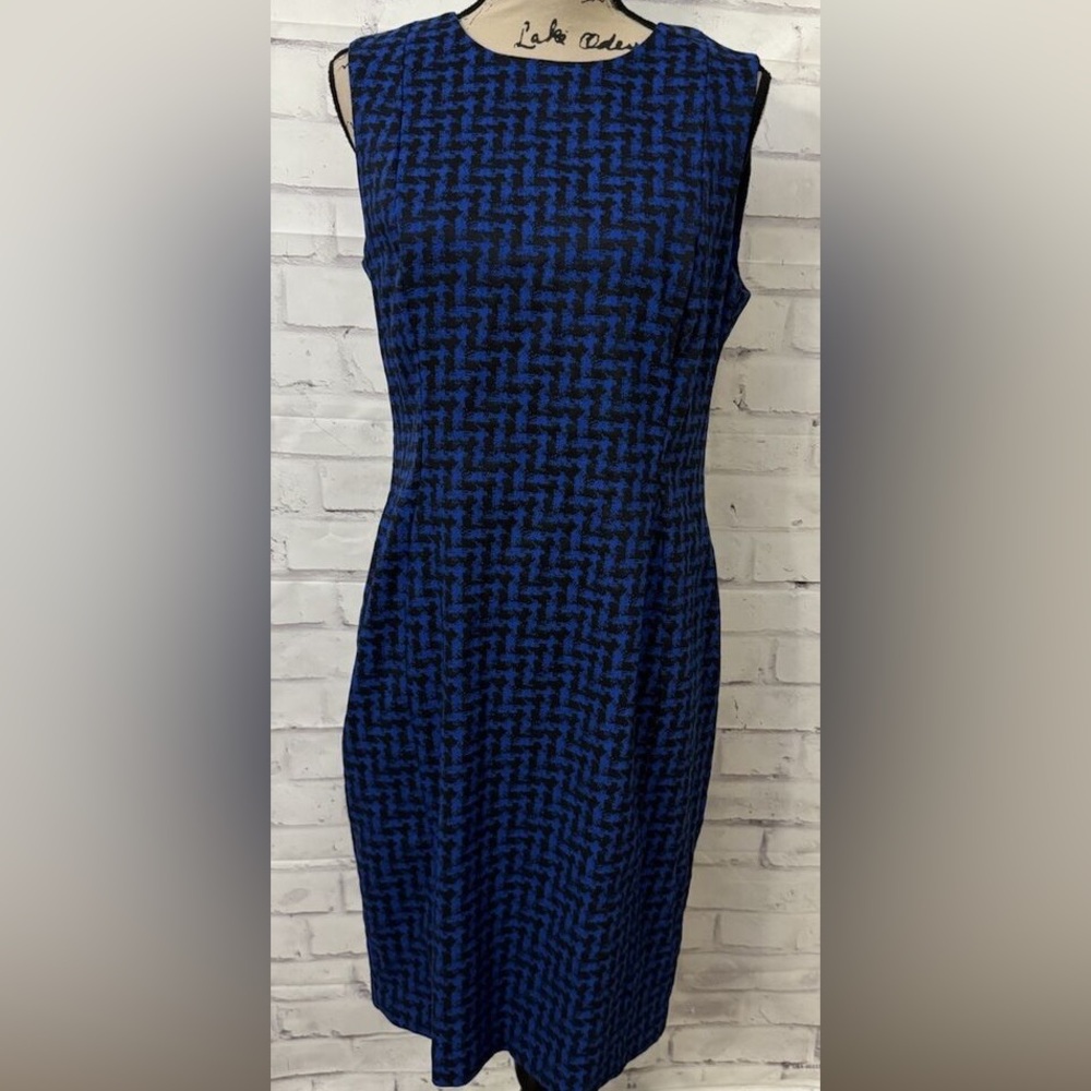 Calvin Klein Size 10 Blue & Black Jacquard Fitted Dress Stretchy Career Work